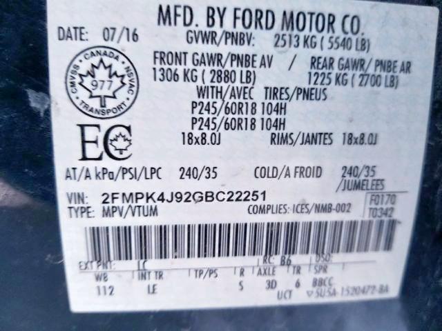 2FMPK4J92GBC22251 - 2016 FORD EDGE SEL BLUE photo 9