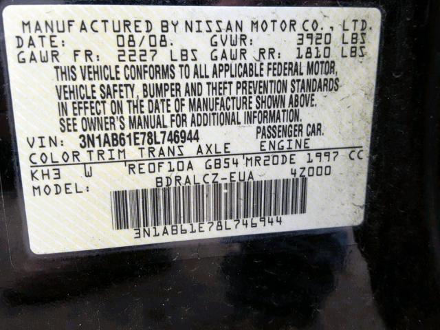 3N1AB61E78L746944 - 2008 NISSAN SENTRA 2.0 BLACK photo 10