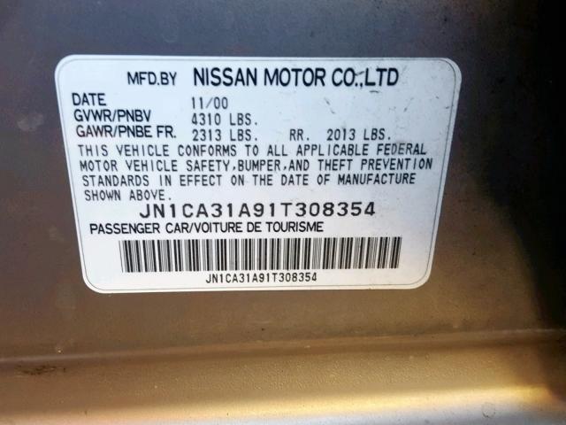 JN1CA31A91T308354 - 2001 NISSAN MAXIMA GXE TAN photo 10