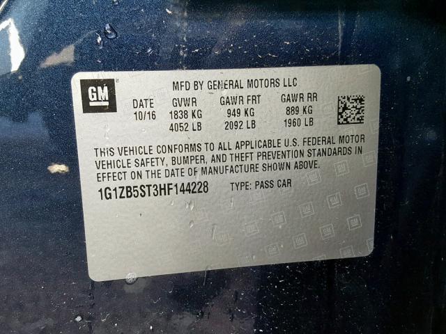 1G1ZB5ST3HF144228 - 2017 CHEVROLET MALIBU LS BLUE photo 10