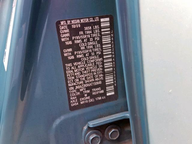 JN8AZ2KR4AT150649 - 2010 NISSAN CUBE BASE BLUE photo 10