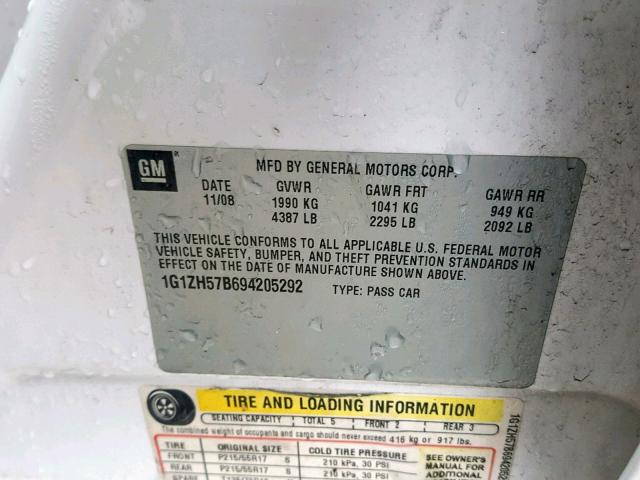 1G1ZH57B694205292 - 2009 CHEVROLET MALIBU 1LT WHITE photo 10