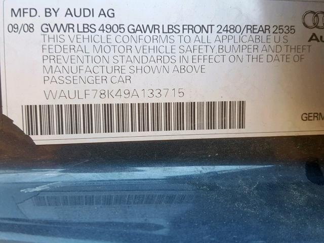 WAULF78K49A133715 - 2009 AUDI A4 2.0T QU GRAY photo 10