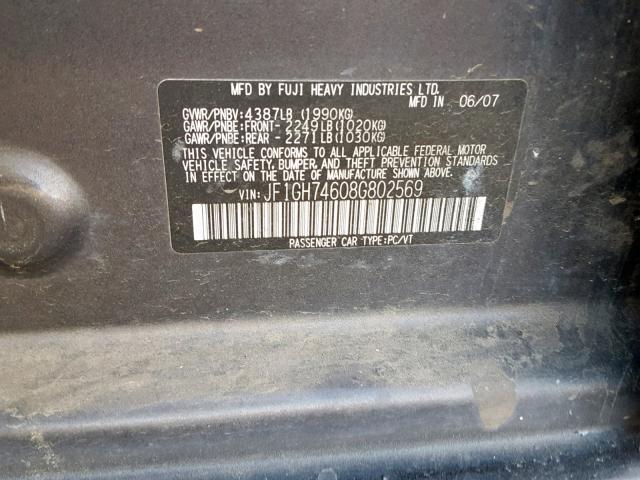 JF1GH74608G802569 - 2008 SUBARU IMPREZA WR GRAY photo 10