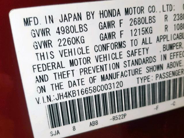 JH4KB16658C003120 - 2008 ACURA RL RED photo 10