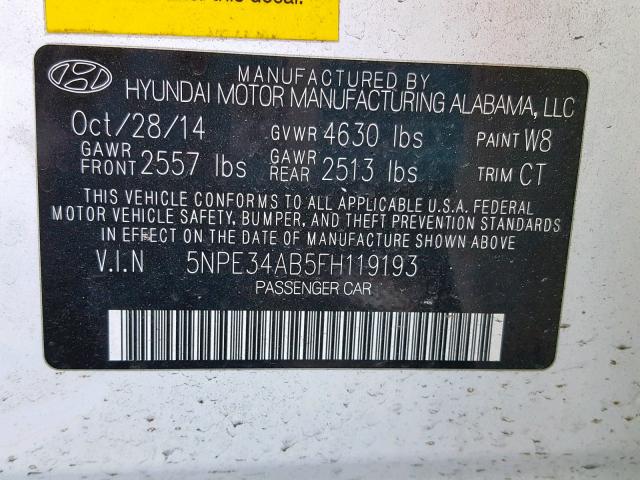 5NPE34AB5FH119193 - 2015 HYUNDAI SONATA SPO WHITE photo 10