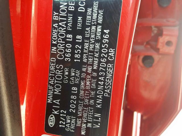 KNADN4A37D6205964 - 2013 KIA RIO EX RED photo 10