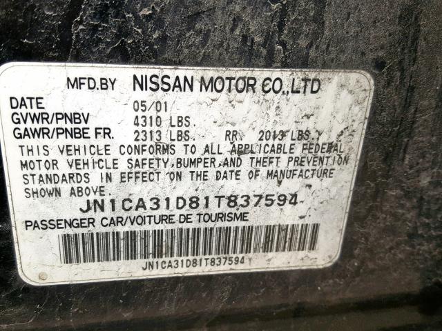 JN1CA31D81T837594 - 2001 NISSAN MAXIMA GXE BLACK photo 10