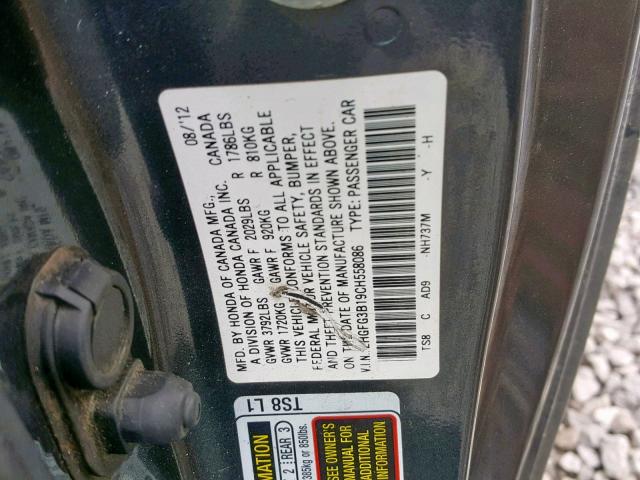 2HGFG3B19CH558086 - 2012 HONDA CIVIC EXL GRAY photo 10