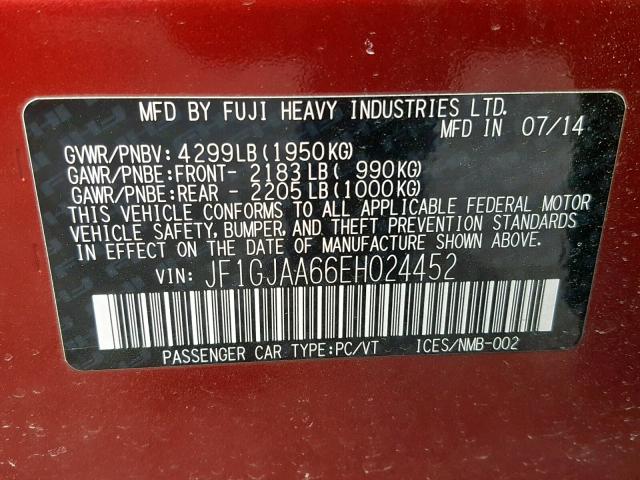 JF1GJAA66EH024452 - 2014 SUBARU IMPREZA BA RED photo 10