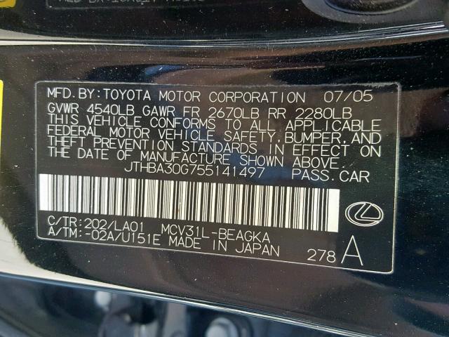 JTHBA30G755141497 - 2005 LEXUS ES 330 BLACK photo 10