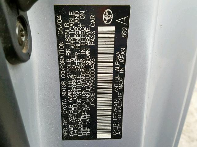 JTKDE177950004351 - 2005 TOYOTA SCION TC 银色 照片 10