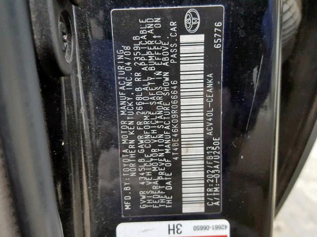 4T4BE46K09R066646 - 2009 TOYOTA CAMRY BASE BLACK photo 10