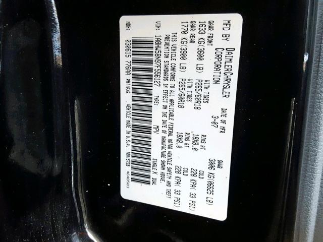 1A8HW58N97F556127 - 2007 CHRYSLER ASPEN LIMI BLACK photo 10