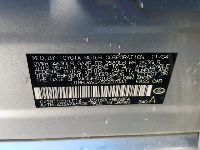 JT8BD69S450207033 - 2005 LEXUS GS 300 SILVER photo 10