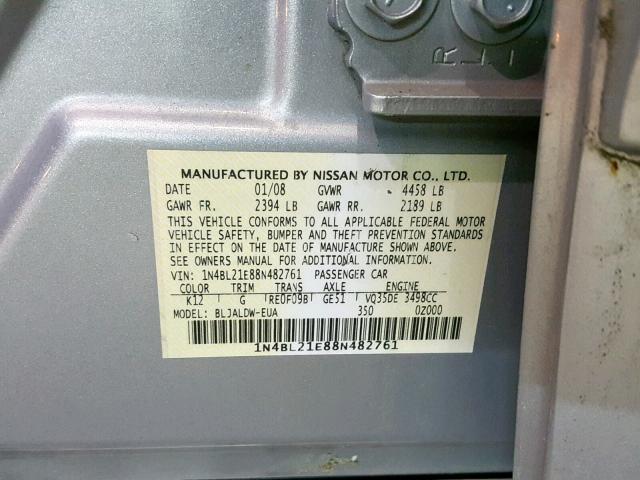 1N4BL21E88N482761 - 2008 NISSAN ALTIMA 3.5 SILVER photo 10