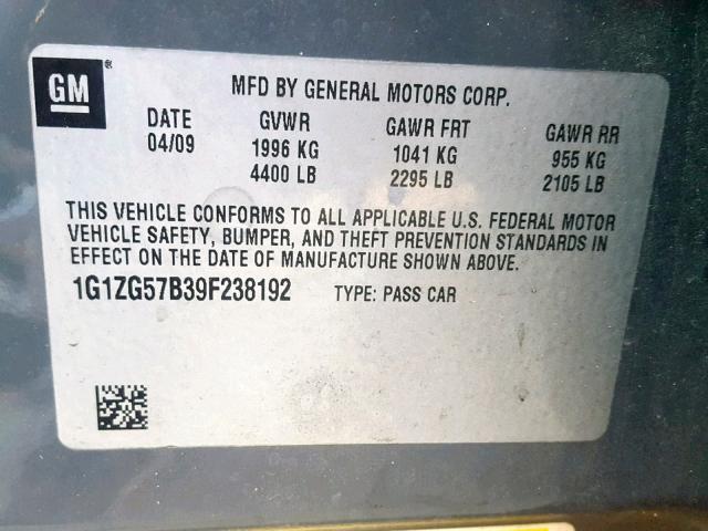 1G1ZG57B39F238192 - 2009 CHEVROLET MALIBU LS GRAY photo 10