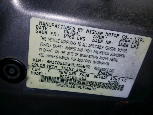 3N1CB51D34L916642 - 2004 NISSAN SENTRA 1.8 SILVER photo 10