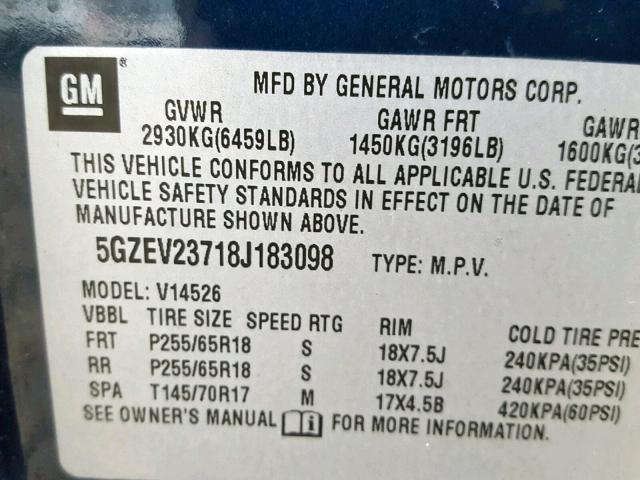 5GZEV23718J183098 - 2008 SATURN OUTLOOK XR BLUE photo 10