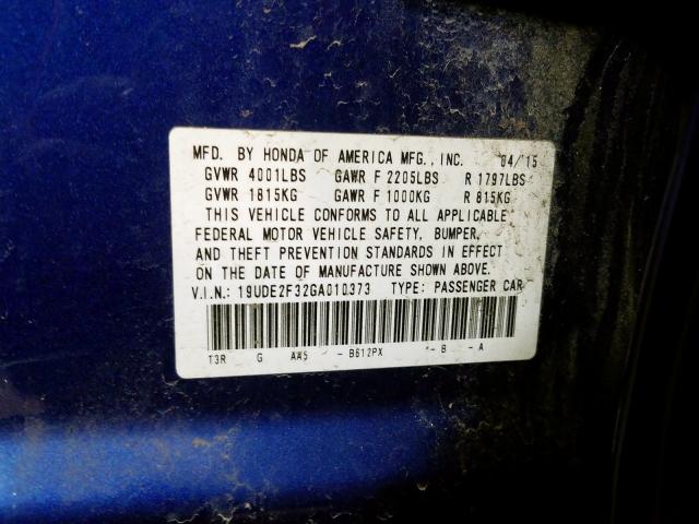 19UDE2F32GA010373 - 2016 ACURA ILX BASE W BLUE photo 10