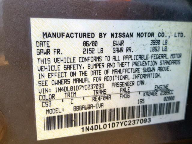 1N4DL01D7YC237093 - 2000 NISSAN ALTIMA XE BROWN photo 10