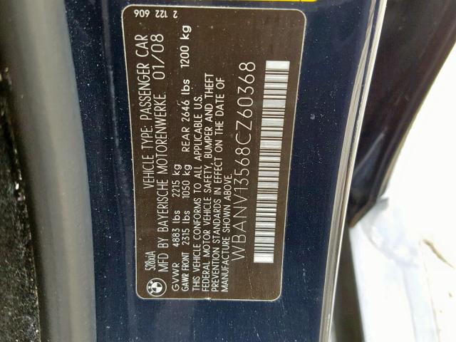 WBANV13568CZ60368 - 2008 BMW 528 XI BLUE photo 10