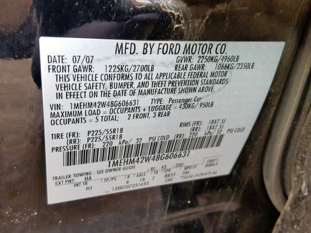 1MEHM42W48G606631 - 2008 MERCURY SABLE PREM BLACK photo 10