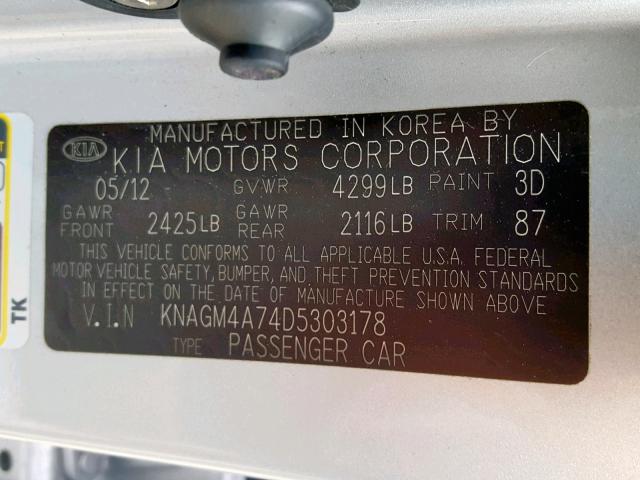 KNAGM4A74D5303178 - 2013 KIA OPTIMA LX SILVER photo 10