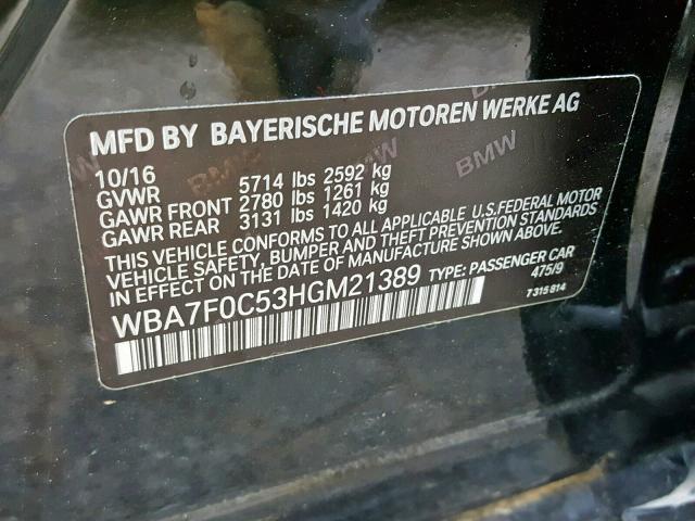 WBA7F0C53HGM21389 - 2017 BMW 750 I BLACK photo 10