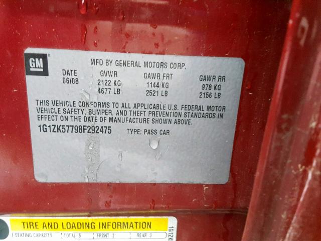 1G1ZK57798F292475 - 2008 CHEVROLET MALIBU LTZ მუქწითელი ფოტო 10