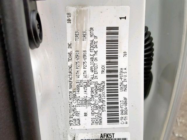 5TFDY5F11KX799630 - 2019 TOYOTA TUNDRA CRE WHITE photo 10