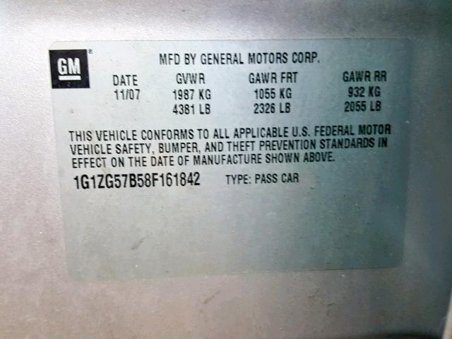 1G1ZG57B58F161842 - 2008 CHEVROLET MALIBU LS Gümüş foto 10