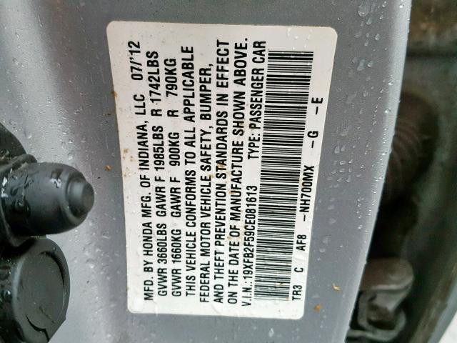 19XFB2F59CE081613 - 2012 HONDA CIVIC LX SILVER photo 10