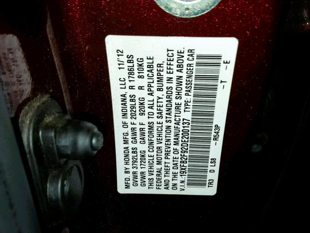 19XFB2F92DE200137 - 2013 HONDA CIVIC EXL Tünd qırmızı foto 10