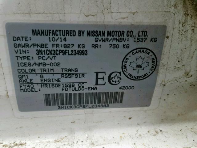 3N1CK3CP9FL234993 - 2015 NISSAN MICRA WHITE photo 10