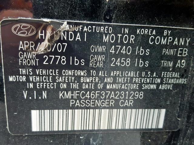 KMHFC46F37A231298 - 2007 HYUNDAI AZERA SE BLACK photo 10