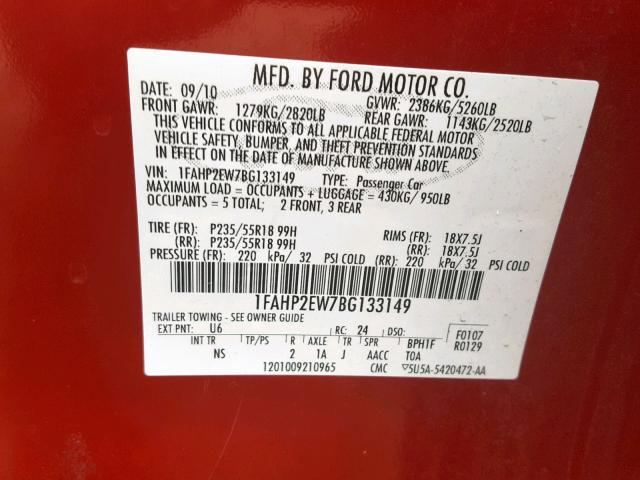 1FAHP2EW7BG133149 - 2011 FORD TAURUS SEL RED photo 10