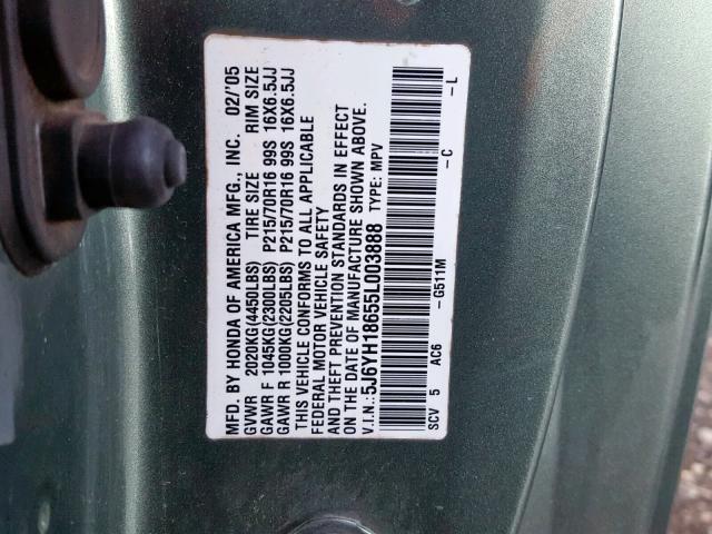 5J6YH18655L003888 - 2005 HONDA ELEMENT EX GREEN photo 10