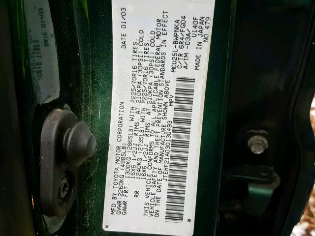 JTEHF21A030130493 - 2003 TOYOTA HIGHLANDER GREEN photo 10