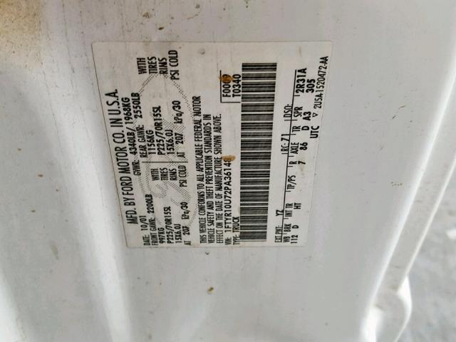 1FTYR10U72PA36148 - 2002 FORD RANGER WHITE photo 10