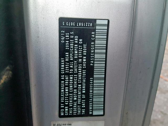 WVWBB7AJ6DW005449 - 2013 VOLKSWAGEN GOLF 银色 照片 10