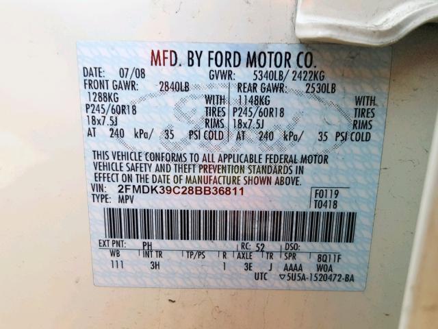 2FMDK39C28BB36811 - 2008 FORD EDGE LIMIT WHITE photo 10