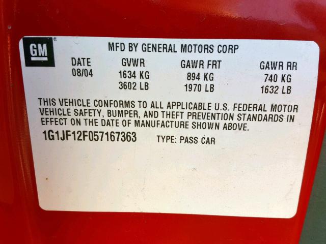 1G1JF12F057167363 - 2005 CHEVROLET CAVALIER L RED photo 10