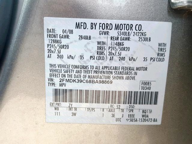 2FMDK39C68BA98869 - 2008 FORD EDGE LIMIT GRAY photo 10