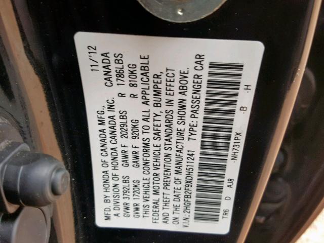 2HGFB2F9XDH511241 - 2013 HONDA CIVIC EXL BLACK photo 10