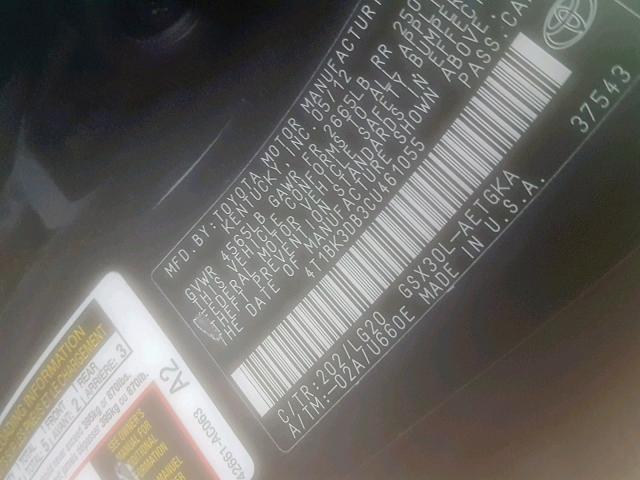 4T1BK3DB3CU461055 - 2012 TOYOTA AVALON BAS BLACK photo 10