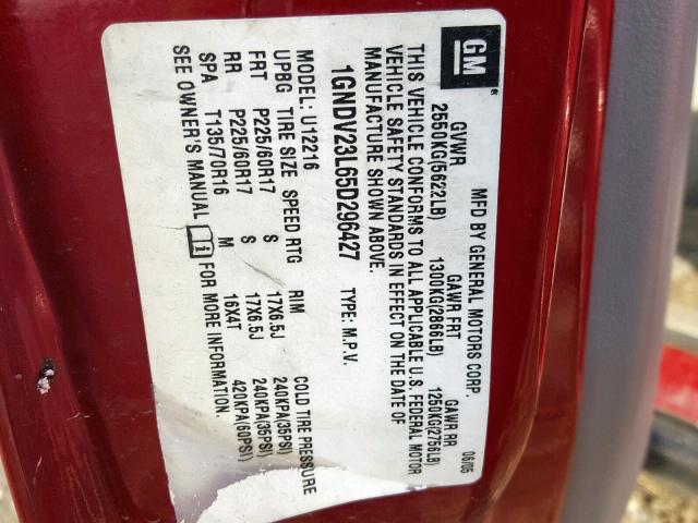 1GNDV23L65D296427 - 2005 CHEVROLET UPLANDER L 红色 照片 10