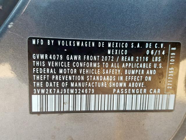 3VW2K7AJ9EM324679 - 2014 VOLKSWAGEN JETTA BASE 银色 照片 10