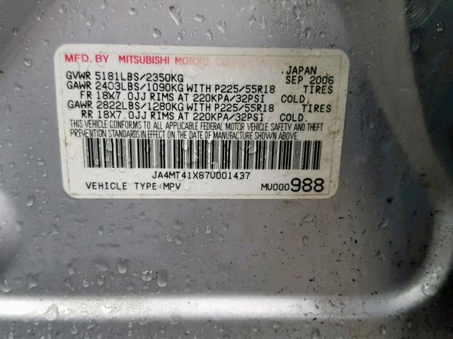 JA4MT41X87U001437 - 2007 MITSUBISHI OUTLANDER SILVER photo 10