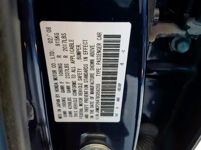 JHMCP26478C058355 - 2008 HONDA ACCORD LXP BLUE photo 10